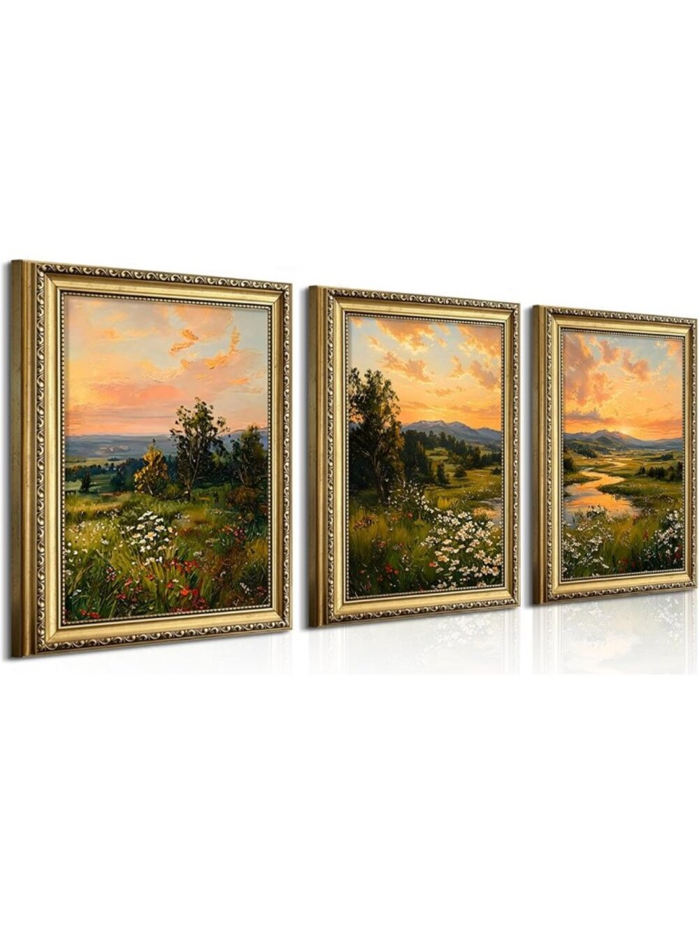 Vintage Gold Framed Landscape Wall Art Set of 3 - Rustic Meadow Canvas Prints